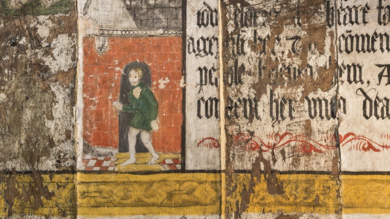 A close up image of the wall painting at Little Moreton Hall. A depiction of a person wearing green robes stands in front of a red brick wall. There is Latin writing to the right of the image.